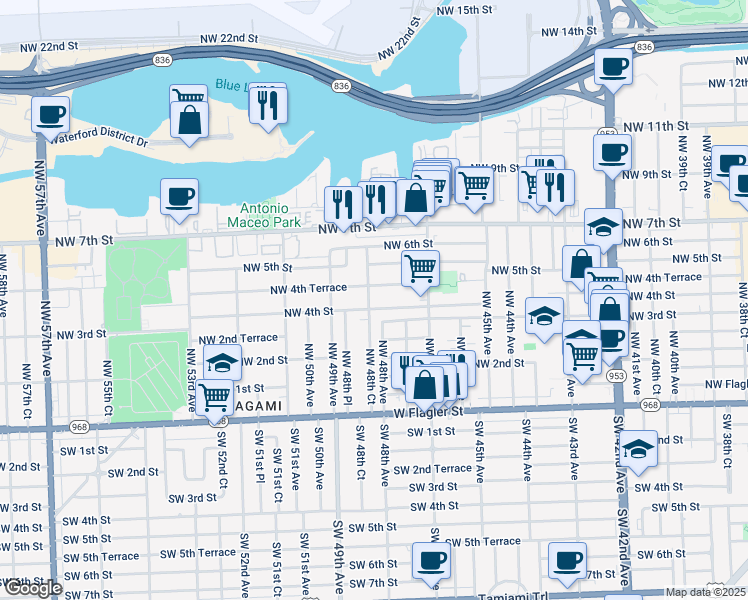 map of restaurants, bars, coffee shops, grocery stores, and more near 4822 Northwest 4th Terrace in Miami