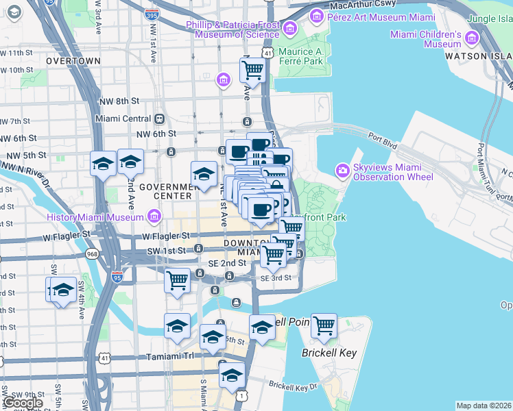 map of restaurants, bars, coffee shops, grocery stores, and more near 204 Northeast 2nd Street in Miami