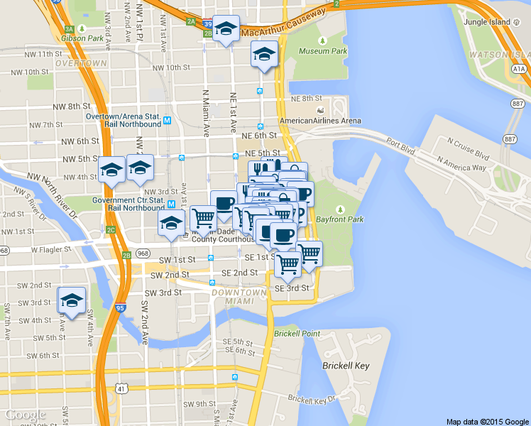 map of restaurants, bars, coffee shops, grocery stores, and more near 204 Northeast 2nd Street in Miami