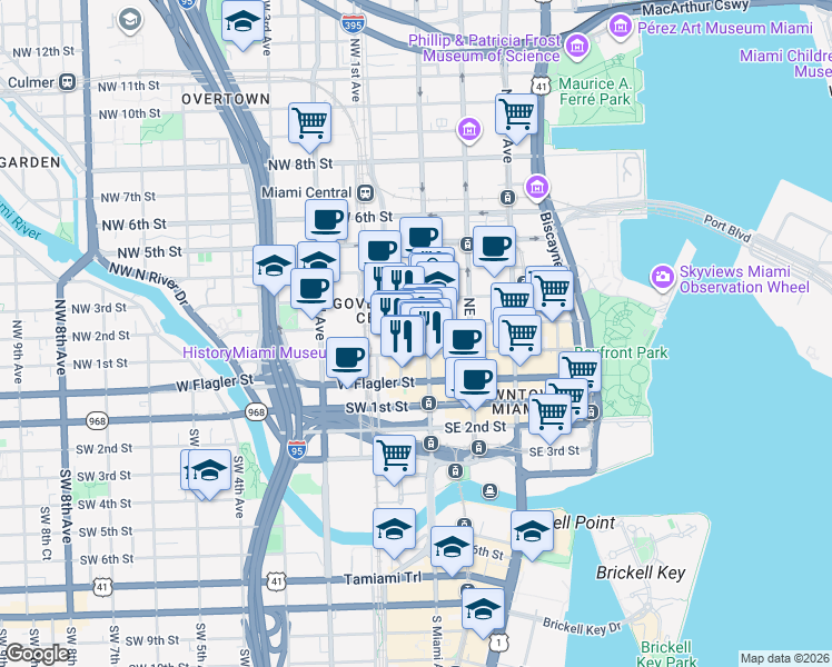 map of restaurants, bars, coffee shops, grocery stores, and more near 41 Northwest 2nd Street in Miami