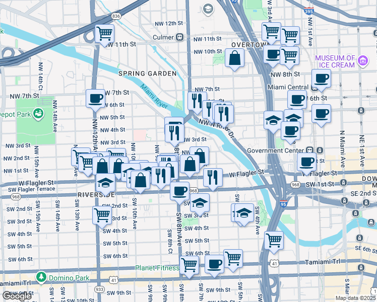 map of restaurants, bars, coffee shops, grocery stores, and more near 212 Northwest 7th Avenue in Miami