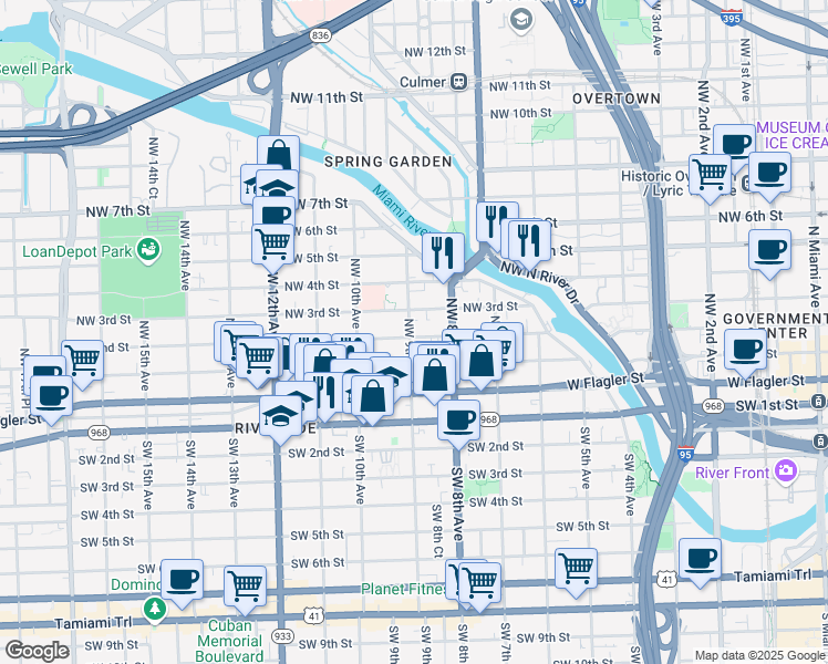 map of restaurants, bars, coffee shops, grocery stores, and more near 221 Northwest 9th Avenue in Miami