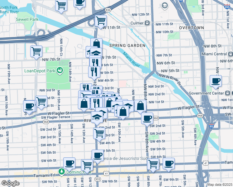 map of restaurants, bars, coffee shops, grocery stores, and more near 1046 Northwest 3rd Street in Miami