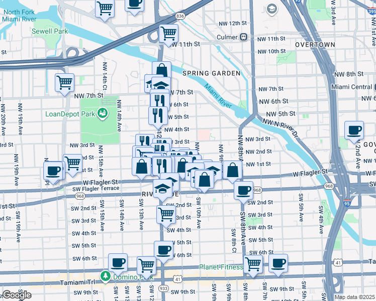 map of restaurants, bars, coffee shops, grocery stores, and more near 1046 Northwest 3rd Street in Miami
