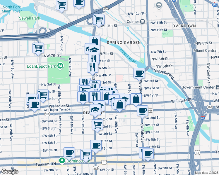 map of restaurants, bars, coffee shops, grocery stores, and more near 1046 Northwest 3rd Street in Miami