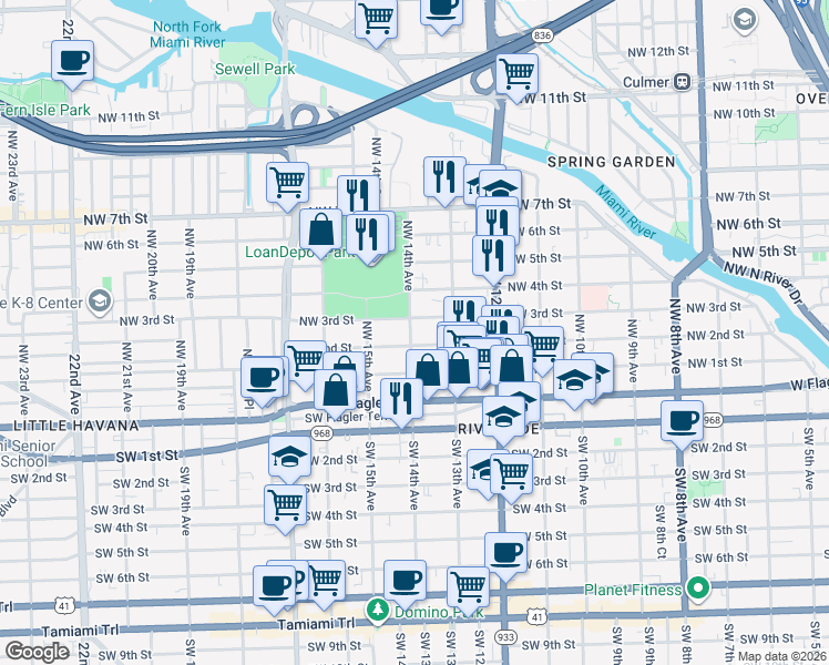 map of restaurants, bars, coffee shops, grocery stores, and more near 1420 Northwest 3rd Street in Miami