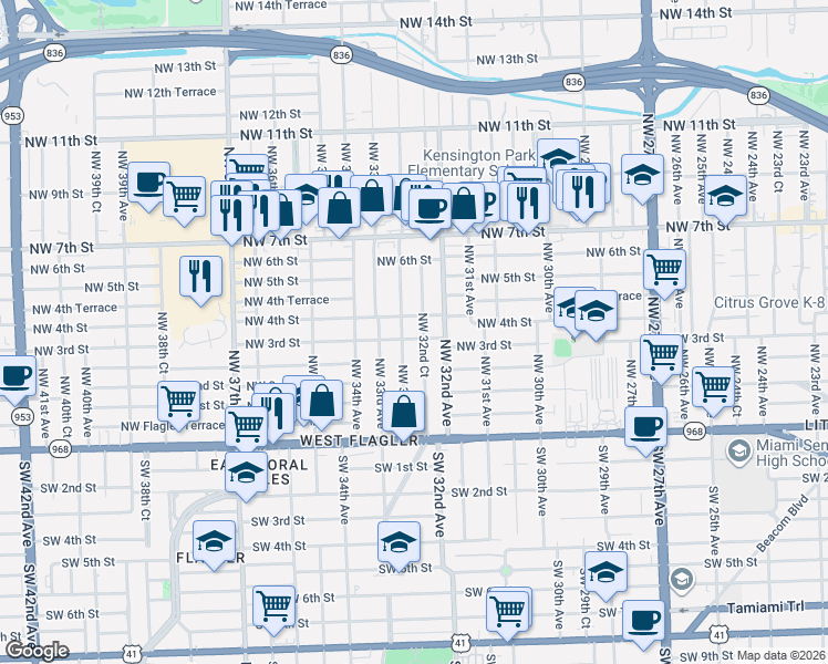 map of restaurants, bars, coffee shops, grocery stores, and more near 310 Northwest 32nd Court in Miami
