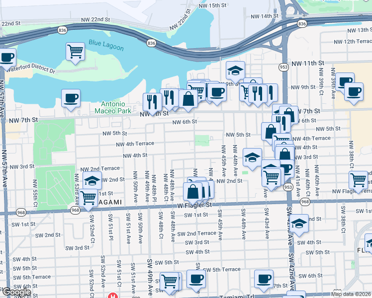 map of restaurants, bars, coffee shops, grocery stores, and more near 4710 Northwest 4th Terrace in Miami
