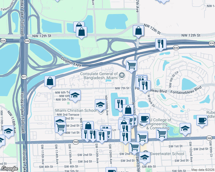 map of restaurants, bars, coffee shops, grocery stores, and more near 10803 Northwest 7th Street in Miami