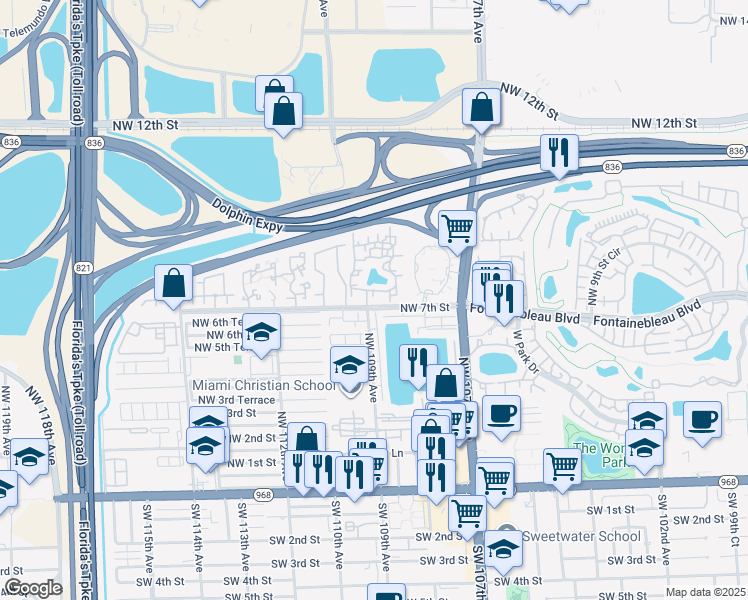 map of restaurants, bars, coffee shops, grocery stores, and more near 10803 Northwest 7th Street in Miami