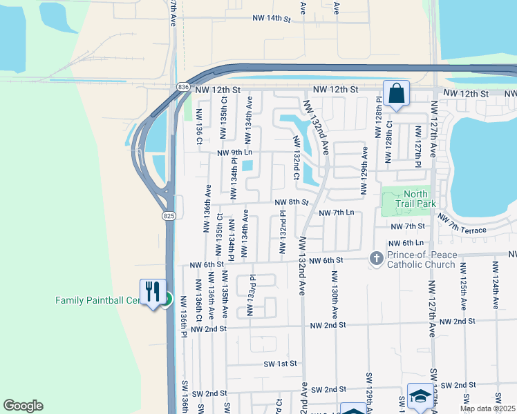 map of restaurants, bars, coffee shops, grocery stores, and more near 13390 Northwest 8th Street in Miami