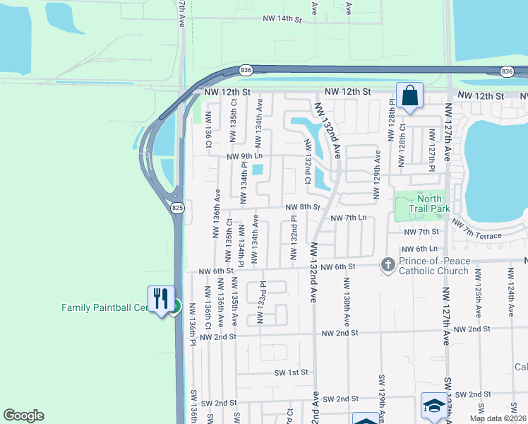 map of restaurants, bars, coffee shops, grocery stores, and more near 13390 Northwest 8th Street in Miami