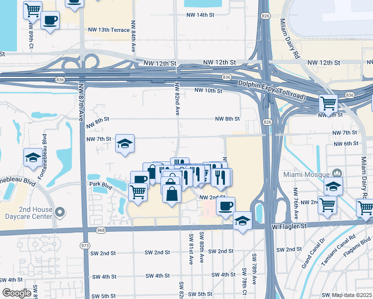 map of restaurants, bars, coffee shops, grocery stores, and more near 551 Northwest 82nd Avenue in Miami