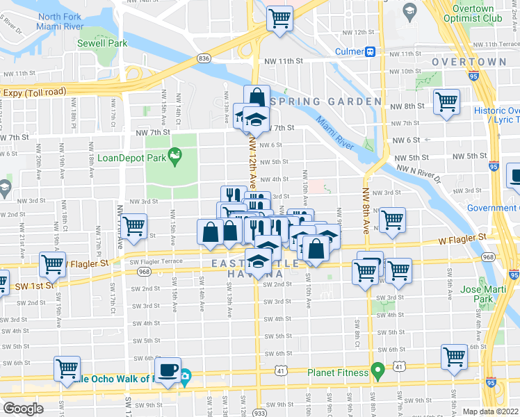 map of restaurants, bars, coffee shops, grocery stores, and more near 1152 Northwest 3rd Street in Miami