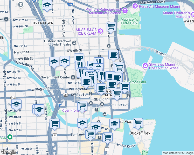 map of restaurants, bars, coffee shops, grocery stores, and more near 36 Northeast 2nd Street in Miami