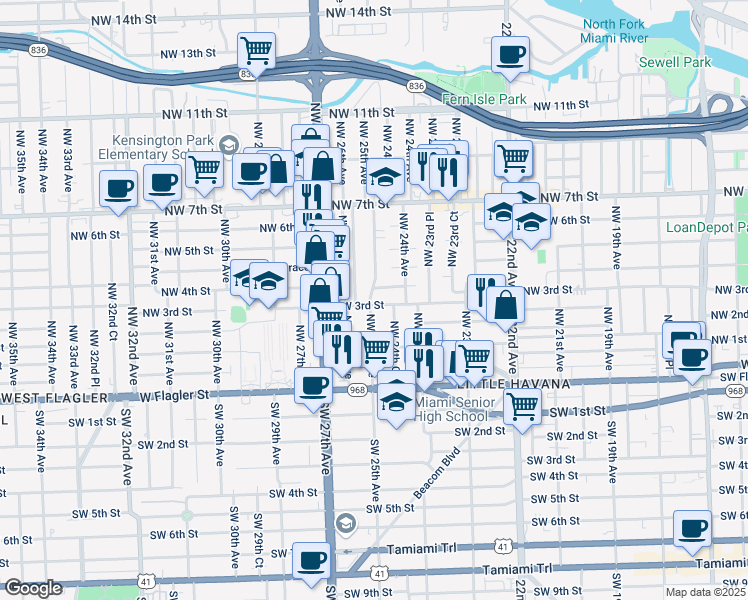 map of restaurants, bars, coffee shops, grocery stores, and more near 2440 Northwest 4th Street in Miami