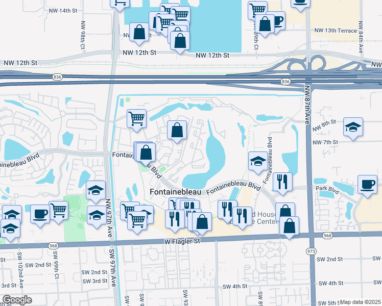 map of restaurants, bars, coffee shops, grocery stores, and more near 9365 Fontainebleau Boulevard in Miami