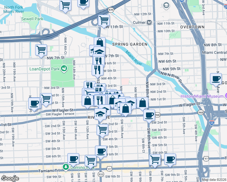map of restaurants, bars, coffee shops, grocery stores, and more near 1046 Northwest 3rd Street in Miami
