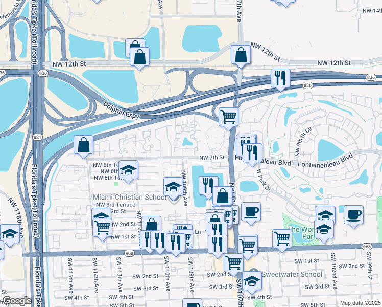 map of restaurants, bars, coffee shops, grocery stores, and more near 10803 Northwest 7th Street in Miami