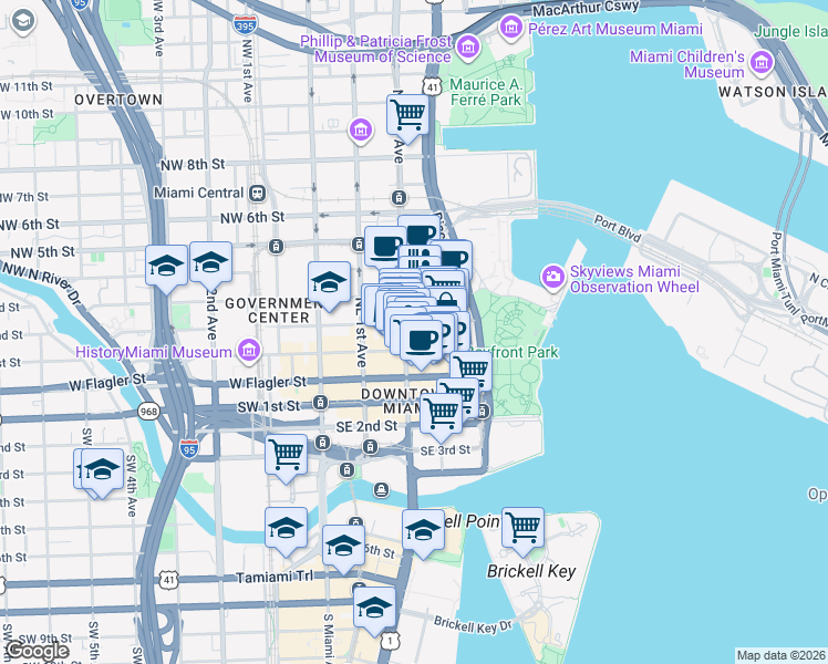 map of restaurants, bars, coffee shops, grocery stores, and more near 204 Northeast 2nd Street in Miami