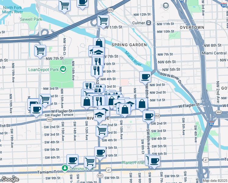 map of restaurants, bars, coffee shops, grocery stores, and more near 1046 Northwest 3rd Street in Miami