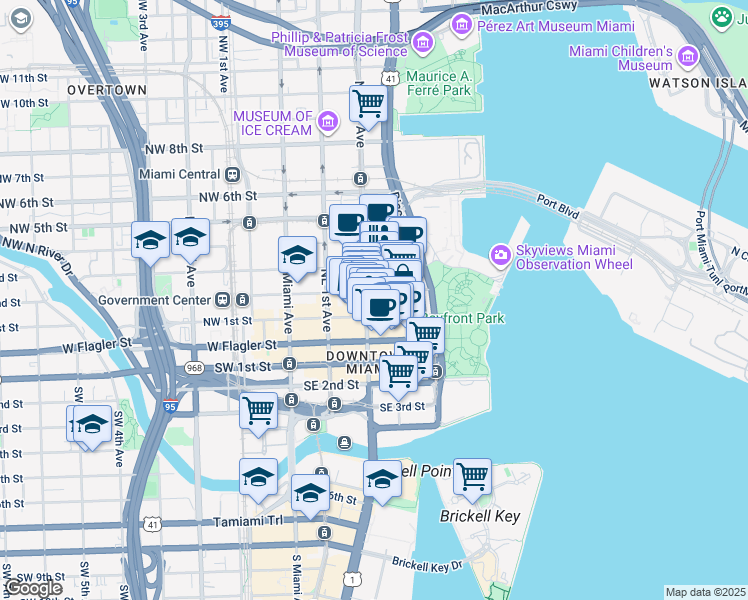 map of restaurants, bars, coffee shops, grocery stores, and more near 204 Northeast 2nd Street in Miami