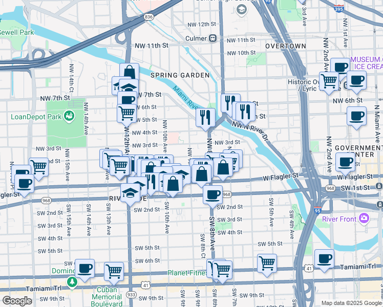 map of restaurants, bars, coffee shops, grocery stores, and more near 221 Northwest 9th Avenue in Miami