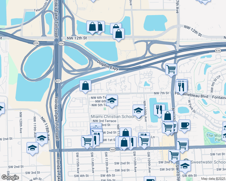 map of restaurants, bars, coffee shops, grocery stores, and more near 11201 Northwest 7th Street in Miami