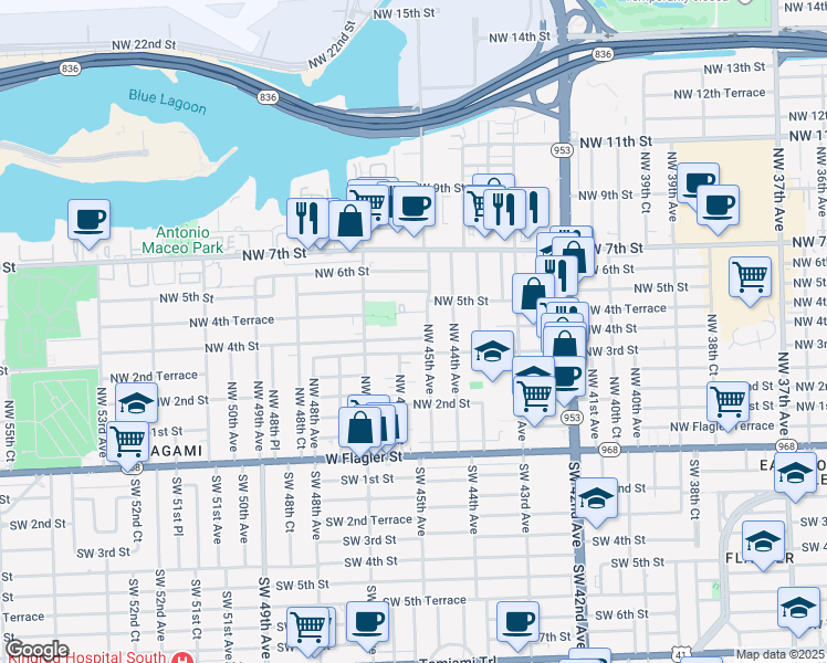 map of restaurants, bars, coffee shops, grocery stores, and more near 430 Northwest 45th Avenue in Miami