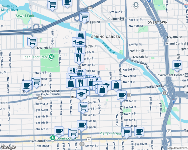 map of restaurants, bars, coffee shops, grocery stores, and more near 1046 Northwest 3rd Street in Miami