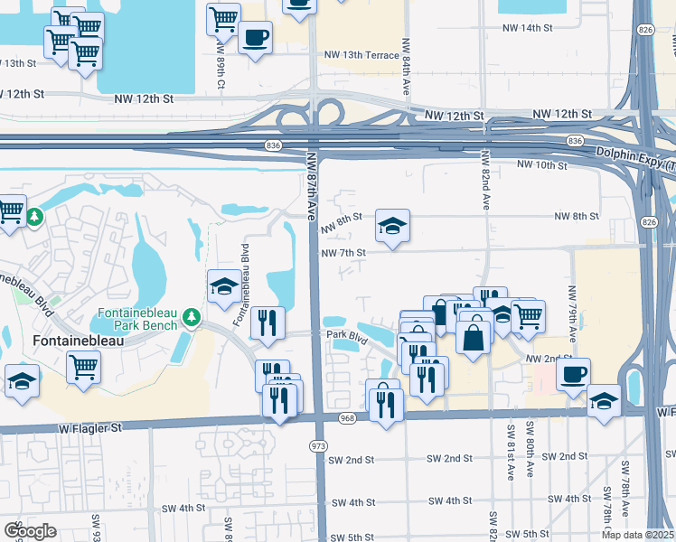 map of restaurants, bars, coffee shops, grocery stores, and more near 650 Northwest 86th Place in Miami