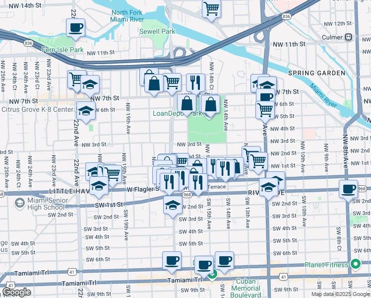 map of restaurants, bars, coffee shops, grocery stores, and more near 232 Northwest 16th Avenue in Miami