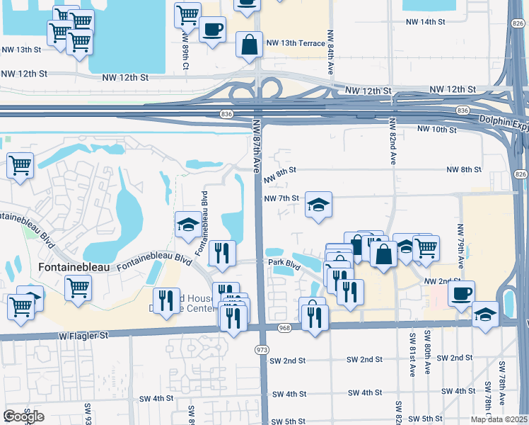 map of restaurants, bars, coffee shops, grocery stores, and more near 650 Northwest 86th Place in Miami