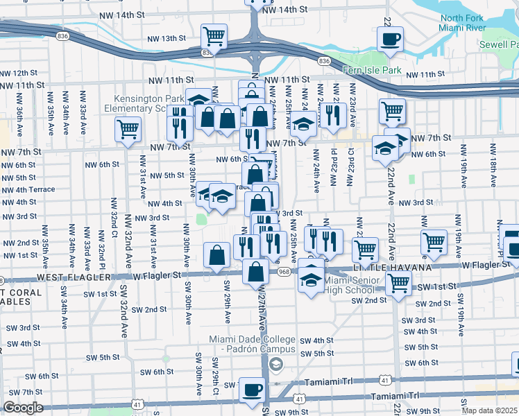map of restaurants, bars, coffee shops, grocery stores, and more near 352 NW 27th Ave in Miami