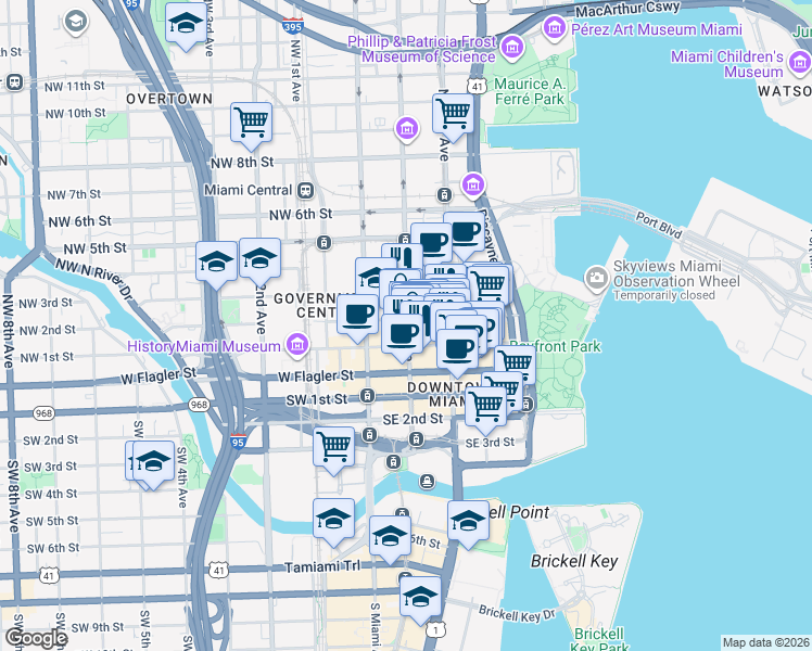 map of restaurants, bars, coffee shops, grocery stores, and more near 118 Northeast 2nd Street in Miami