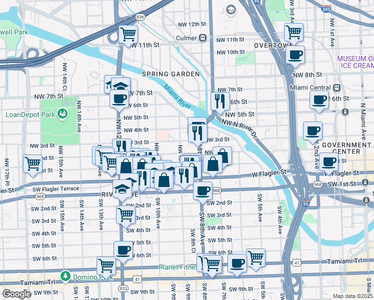 map of restaurants, bars, coffee shops, grocery stores, and more near 221 Northwest 9th Avenue in Miami