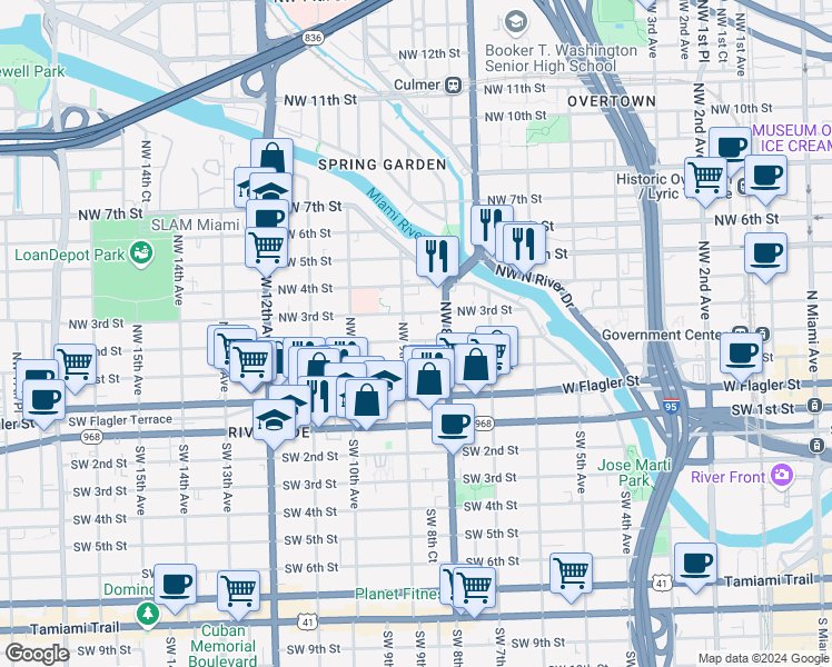 map of restaurants, bars, coffee shops, grocery stores, and more near 221 Northwest 9th Avenue in Miami