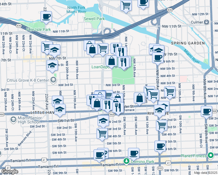 map of restaurants, bars, coffee shops, grocery stores, and more near 232 Northwest 16th Avenue in Miami