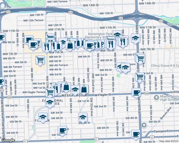 map of restaurants, bars, coffee shops, grocery stores, and more near 310 Northwest 32nd Court in Miami