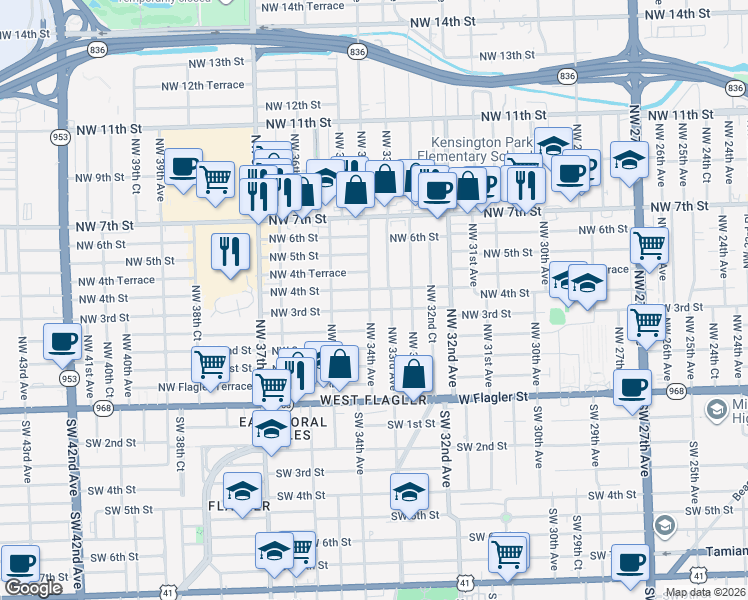 map of restaurants, bars, coffee shops, grocery stores, and more near 318 Northwest 33rd Avenue in Miami