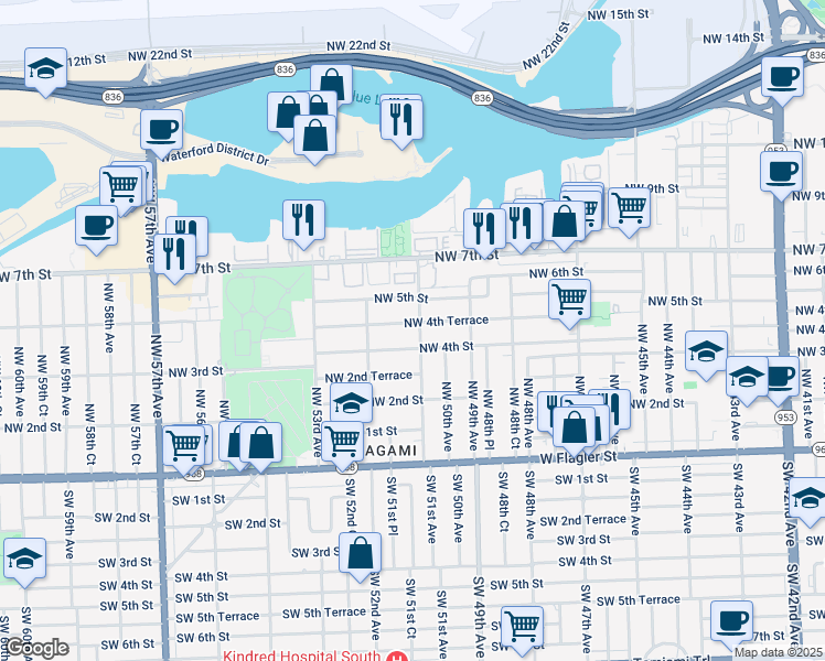 map of restaurants, bars, coffee shops, grocery stores, and more near 5122 Northwest 4th Terrace in Miami