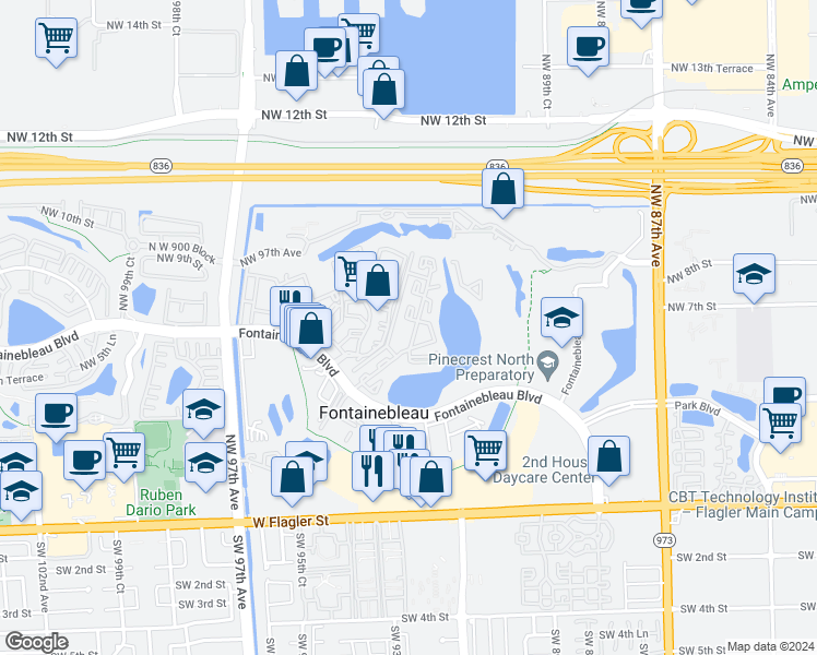 map of restaurants, bars, coffee shops, grocery stores, and more near 623 Northwest 87th Avenue in Miami