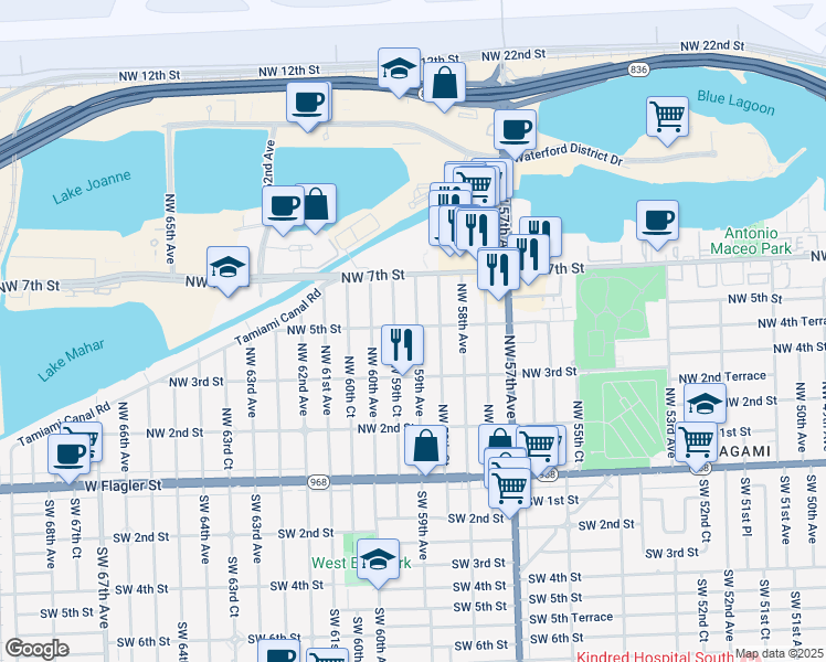 map of restaurants, bars, coffee shops, grocery stores, and more near 490 Northwest 59th Avenue in Miami