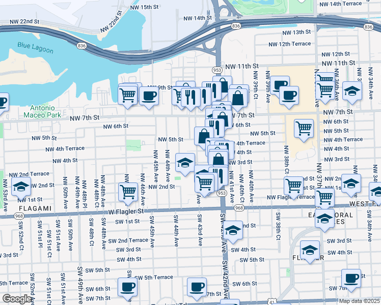 map of restaurants, bars, coffee shops, grocery stores, and more near 4318 Northwest 4th Street in Miami