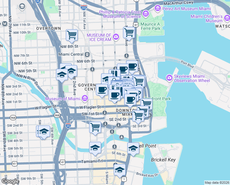 map of restaurants, bars, coffee shops, grocery stores, and more near 140 Northeast 1st Avenue in Miami
