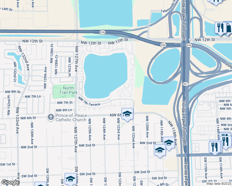 map of restaurants, bars, coffee shops, grocery stores, and more near 12360 Northwest 7th Trail in Miami