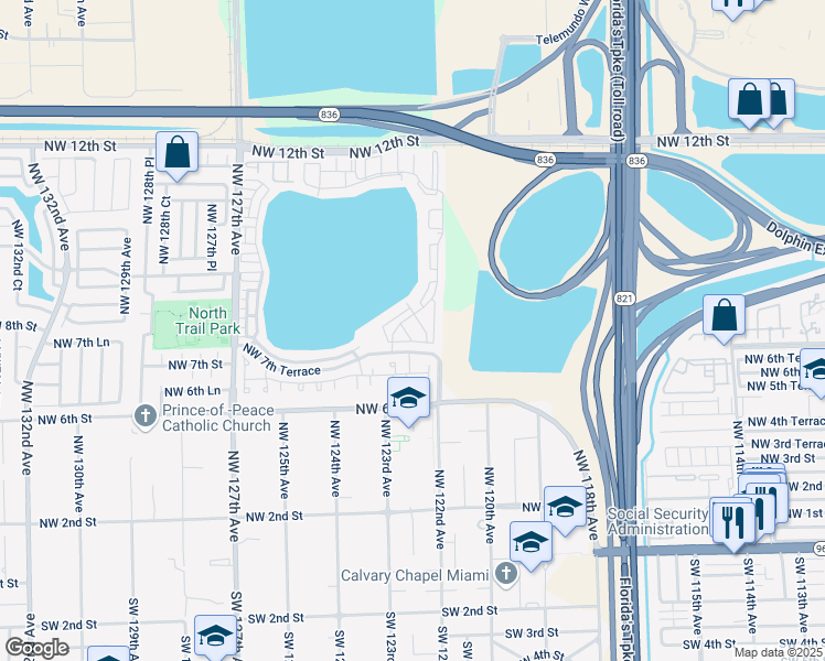 map of restaurants, bars, coffee shops, grocery stores, and more near 749 Northwest 122nd Place in Miami