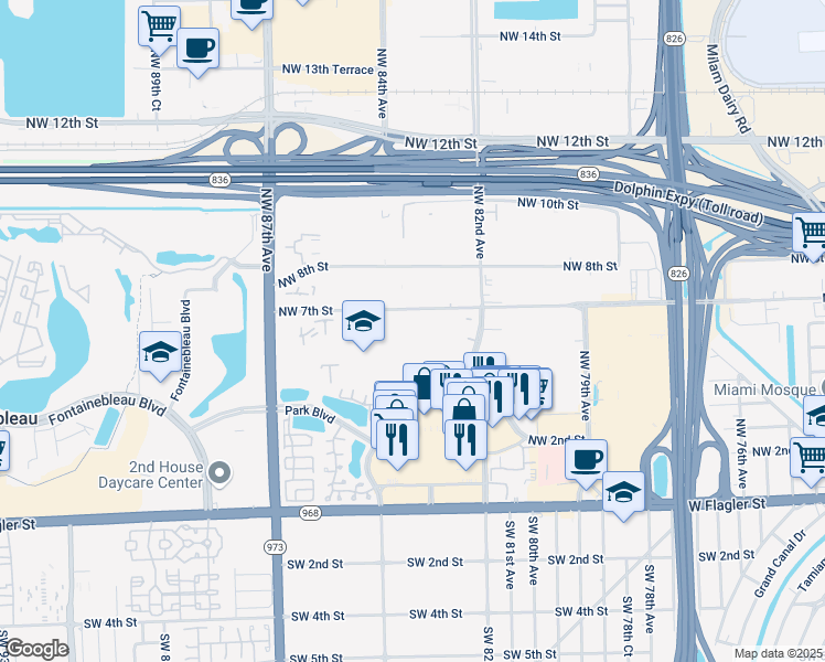 map of restaurants, bars, coffee shops, grocery stores, and more near 8310 Northwest 7th Street in Miami