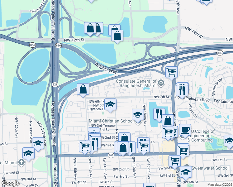 map of restaurants, bars, coffee shops, grocery stores, and more near 11201 Northwest 7th Street in Miami
