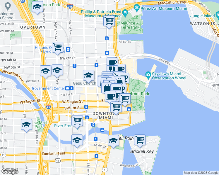 map of restaurants, bars, coffee shops, grocery stores, and more near 204 Northeast 2nd Street in Miami
